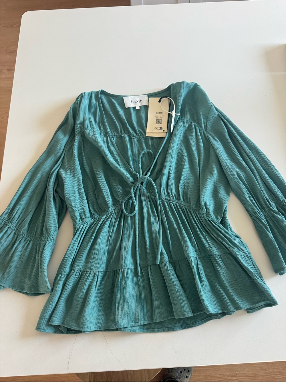 Ba&sh Teal Tie-Front Peasant Blouse - Women's Top